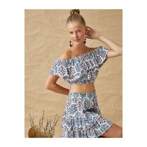 Koton Ethnic Patterned Off-Shoulder Crop Top With Ruffles