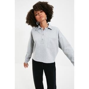 Trendyol Gray Polo Neck Crop Raised Knitted Sweatshirt