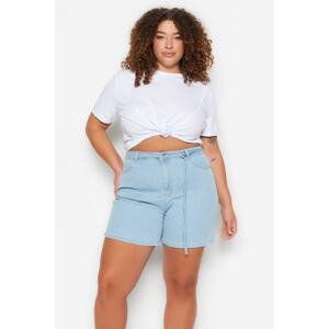 Trendyol Curve Light Blue Belted High Waist Straight Denim Shorts & Bermuda