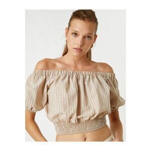 Koton Open Shoulder Crop Blouse Elastic Waist Linen Blend