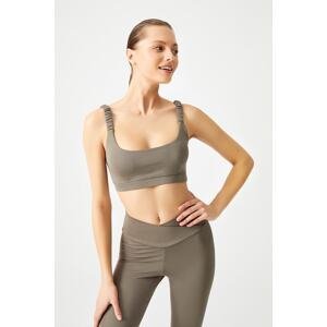 LOS OJOS Khaki Lightweight Support Gathered Straps Detailed Covered Sports Bra