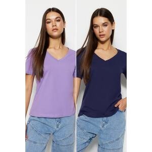 Trendyol Navy Blue-Lilac 100% Cotton Pack of 2 Basic V-Neck Knitted T-Shirt