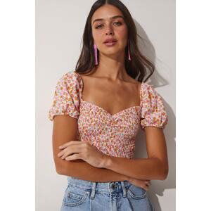 Happiness İstanbul Women's Pink Cream Floral Gathered Carmen Collar Crop Knitted