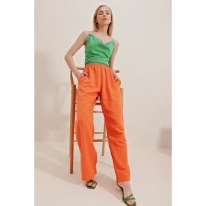 Trend Alaçatı Stili Dámske oranžové ľanové nohavice s elastickým pásom, dvojité vrecko Palazzo