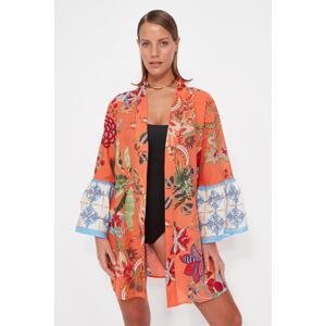 Trendyol Floral Pattern Belted Mini Woven 100% Cotton Kimono & Kaftan