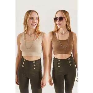 Olalook Women's Camel-Stone-Strapped Strappy Crop 2-Piece Blouse