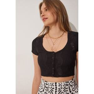 Happiness İstanbul Women's Black U-Neck Openwork Crop Knitted Blouse