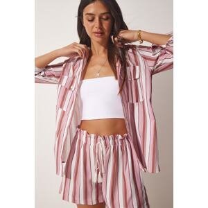 Happiness İstanbul Women's Pink Striped Linen Viscose Shirt and Shorts Set