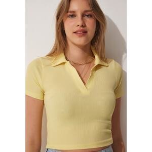 Happiness İstanbul Women's Yellow Polo Neck Corded Crop Knitted Blouse