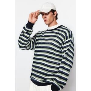 Trendyol Navy Blue Men's Oversize Fit Wide Fit Crew Neck Crochet Detailed Knitwear Sweater.