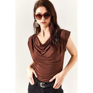 Olalook Women's Bitter Brown Waisted Collar Flowy Blouse