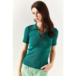 Olalook Women's Emerald Green Polo Neck Corded Knitwear Blouse