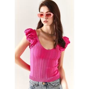 Olalook Women's Fuchsia Front Back V Shoulder Detailed Knitwear Blouse