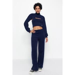 Trendyol Navy Blue Feather 3-Piece Tricot Top and Bottom Set