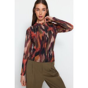 Trendyol Multicolor Printed High Collar and Lined Transparent Back Tulle Stretchy Knitted Blouse