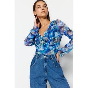 Trendyol Navy Blue Butterfly Printed V-Neck Tie Detailed Lined Long Sleeve Tulle Stretchy Knitted Blouse