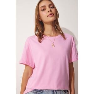 Happiness İstanbul Women's Pink Crew Neck Cotton Loose Knitted T-Shirt