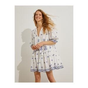 Koton Floral Mini Dress with Tie Detail on the Collar and Balloon Sleeves