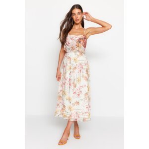 Trendyol Ecru Floral Patterned Waist Opening Straps Maxi Lined Chiffon Woven Dress