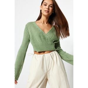 Trendyol Mint Crop mäkký textúrovaný dvojradový pletený sveter