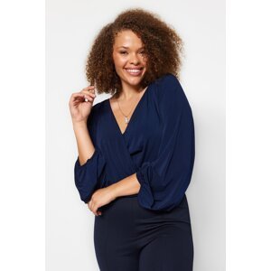 Trendyol Curve Navy Blue Knitted Balloon Sleeve Double Breasted Collar Blouse