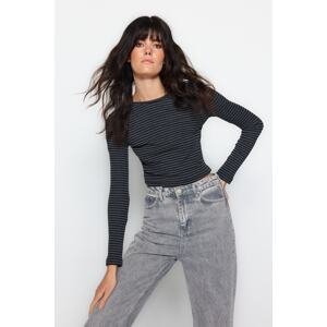 Trendyol Anthracite Striped Crop Slim Crew Neck Ribbed Flexible Knitted Blouse