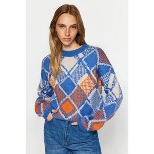 Trendyol Navy Blue Wide Fit Crop mäkký textúrovaný vzorovaný pletený sveter