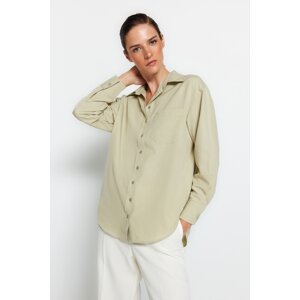 Trendyol Light Khaki Single Pocket Boyfriend/Wide Fit Cotton Woven Shirt