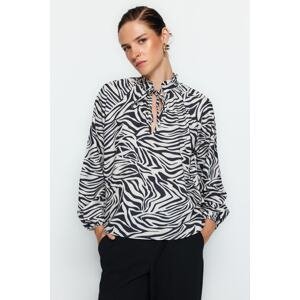 Trendyol Black Tie Detailed Zebra Patterned Woven Blouse
