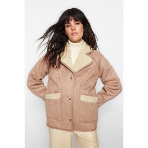 Trendyol Camel Premium oversize semišový plyš širokého strihu detailný kabát