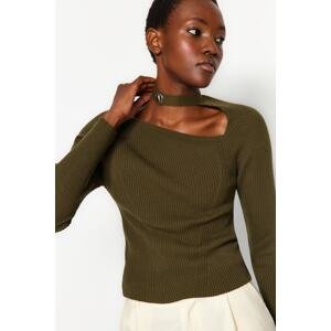 Trendyol Oil zelené crop okno/vystrihnutý pletený sveter