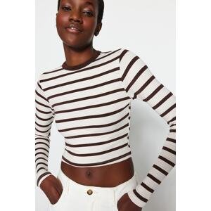 Trendyol Brown Striped Premium Viscose Soft Fabric Fitted Crop Stretchy Knitted Blouse