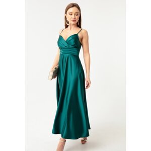 Lafaba dámske smaragdovo zelené saténové midi večerné šaty a plesové šaty s povrazovými ramienkami a bedrovým pásom.