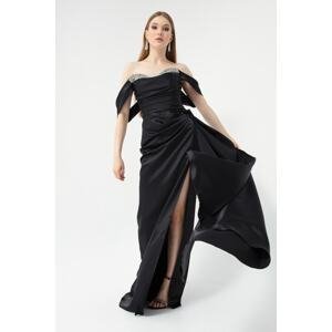 Lafaba Women's Black Boat Neck Slit Long Satin Evening Dress