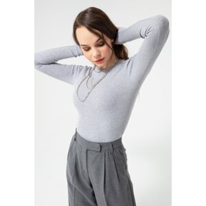 Lafaba Women's Gray Ribbed Long Sleeve Crop Blouse