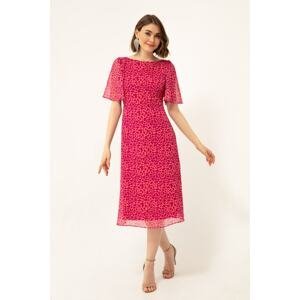 Lafaba Women's Fuchsia Short Sleeve Patterned Midi Chiffon Dress