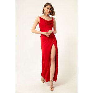 Lafaba Women's Red Stone Strap Neckline Satin Evening Dress