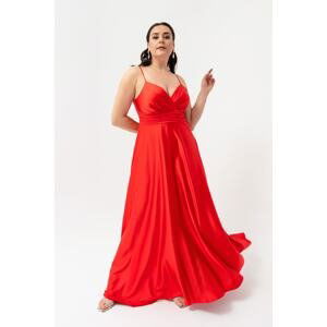Lafaba Dámske saténové šaty plus veľkosti dlhé večerné šaty a plesové šaty s ramienkami a červenými niťami