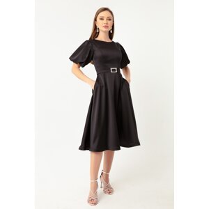 Lafaba Women's Black Balloon Sleeve Stony Belted Mini Satin Evening Dress