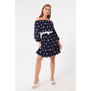 Lafaba Women's Navy Blue Elastic Sleeves Belted Dress