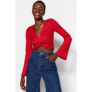 Trendyol Red V-Neck Spanish Sleeve Knot Detailed Ruffle/Textured Crop Knitted Blouse