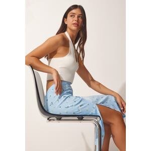 Happiness İstanbul Women's Sky Blue Patterned Viscose Skirt with a Slit