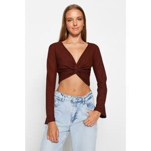 Trendyol Brown V-Neck Spanish Sleeve Knot Detailed Ruffle/Textured Crop Knitted Blouse