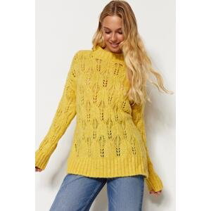 Trendyol žltý hrubý úplet detailný pletený sveter
