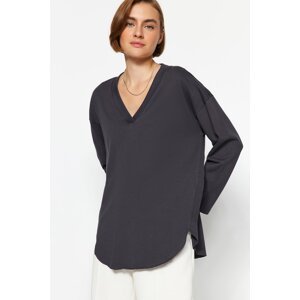 Trendyol Anthracite Premium V Neck Cotton Regular/Regular Fit Knitted Knitted T-Shirt