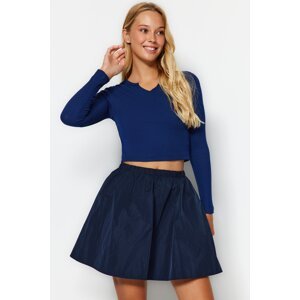 Trendyol Navy Blue Waffle Fabric Fitted V-Neck Crop Stretchy Knitted Blouse