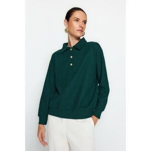 Trendyol Dark Emerald Green Thessaloniki/Knitwear Look Regular Fit Buttoned Knitted Sweatshirt