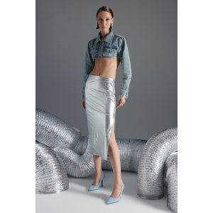 Trendyol Silver Foil Print High Waist Slits Fitted Midi Skirt