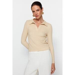 Trendyol Stone Premium Textured Slim Half Placket Polo Neck Stretchy Knitted Blouse