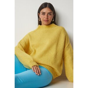 Happiness İstanbul Dámsky žltý stojačik Základný pletený sveter